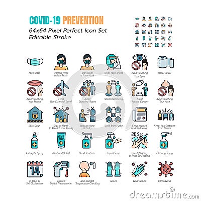 Simple Set of Coronavirus Prevention COVID-19 Filled Line Icons. such Icons as Gloves, Mask, Social Distancing, Stay Home, Vector Illustration