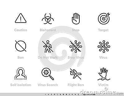 Simple Set of Coronavirus and Virus Epidemic. Caution Biohazard, Stop, Target, Do Not Walk, Virus Search, Self isolation Vector Illustration