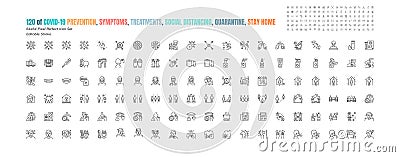 Simple Set of Covid-19 Prevention Line Outline Icons. such Icons as Protective Measures,, Social Distancing, Symptoms Vector Illustration