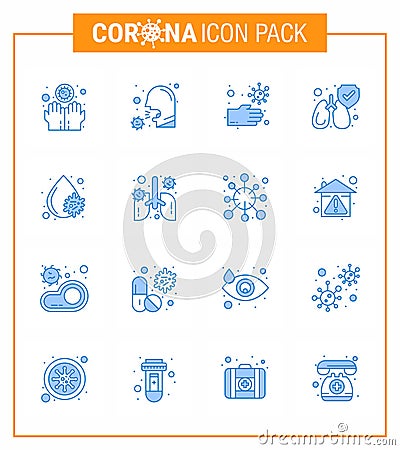 Simple Set of Covid-19 Protection Blue 25 icon pack icon included blood, lungs, sick, protect, hands Vector Illustration