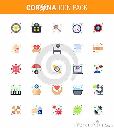 25 Flat Color viral Virus corona icon pack such as timer, seconds, medical, clock, interfac Vector Illustration