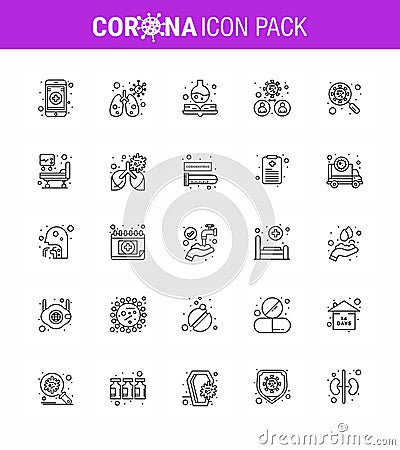 Simple Set of Covid-19 Protection Blue 25 icon pack icon included interfac, devirus, medicine book, scan virus, transmission Vector Illustration