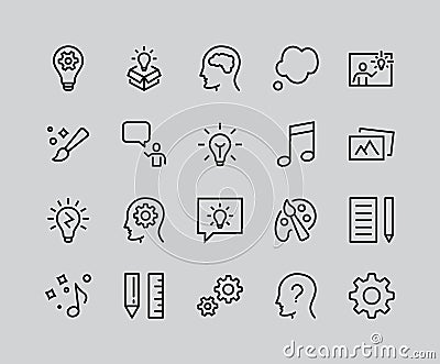 Simple Set of Creativity Related Vector Line Icons. Contains such Icons as Inspiration, Idea, Brain, Teacher, Music, Lamp, Gears, Stock Photo