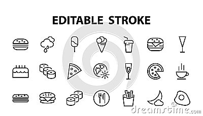 A simple set of fast food icons related to the vector line. Contains icons such as pizza, burger, sushi, bike, scrambled Vector Illustration