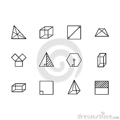 Simple set geometric figures vector line icon. Contains such square, cube, rectangle, hexagon, triangle, trapezium Vector Illustration