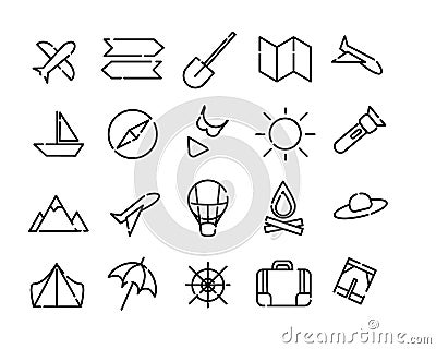 Simple set of icons of travel. Black dotted lines on a white background. Map, sun, plane, beach, compas and more Stock Photo