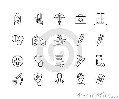 Simple Set of Medicine Related Vector Line Icons. Contains such Icons as healthcare symbol, pills, doctor and more Vector Illustration