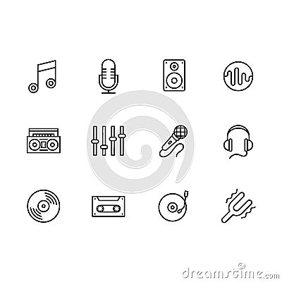Simple set modern and retro music equipment vector line icon. Contains such icons notes, microphone, music speaker, tape Vector Illustration