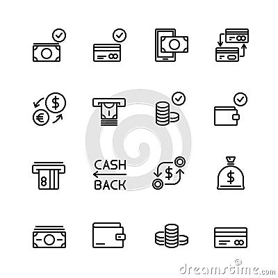 Simple set of money and financial Vector Line Icons. Contains such Icons as Wallet, ATM, Bundle of Money, Coins, Confirming paymen Stock Photo