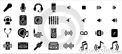 Simple Set of music audio sound system Related Vector icon graphic design. Contains such Icons as headset, microphone, equalizer, Vector Illustration