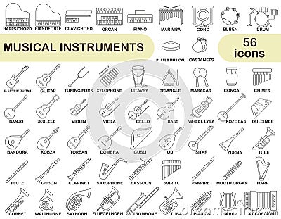 Simple set of musical instruments in thin line design. Images of various musical instruments with titles Vector Illustration