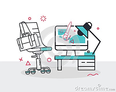 Simple Set of Office chair desk and computer Vector Line Icons illustration Cartoon Illustration