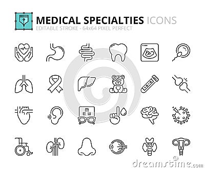 Simple set of outline icons about medical specialties. Health care Vector Illustration