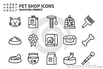 Simple Set of Pet Shop Vector Line Icons. Contains icons like Cat head, Pet milk, Bird cage, Pet food and more. Vector Illustration