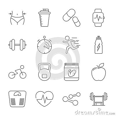 Simple set sport, fitness, gym equipment related vector line icons. Fitness training, bodybuilding, dumbbells, weight Vector Illustration