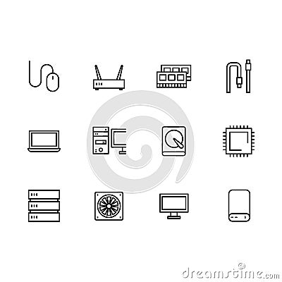 Simple set symbols computer hardware and components outline icon. Contains such icon RAM, hard disk, processor, server Vector Illustration