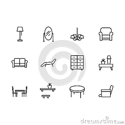 Simple set symbols furniture and interior room line icon. Contains such icon lamp, makeup mirror, chandelier, armchair Vector Illustration