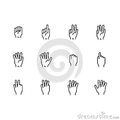 Simple set symbols hand and finge gesture line icon. Contains such icon hand palm, fist, index finger,thumb, victory Vector Illustration