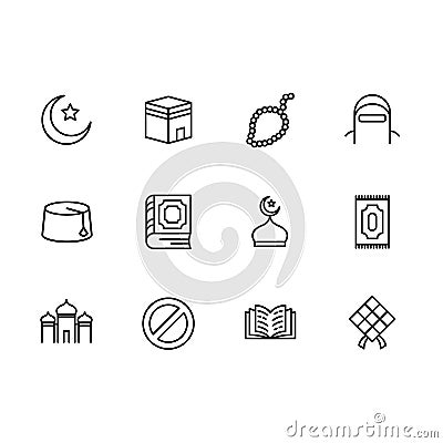 Simple set symbols islam religion. Contains such icon muslim mosque, rosary, carpet and book for prayer and ramadan Vector Illustration