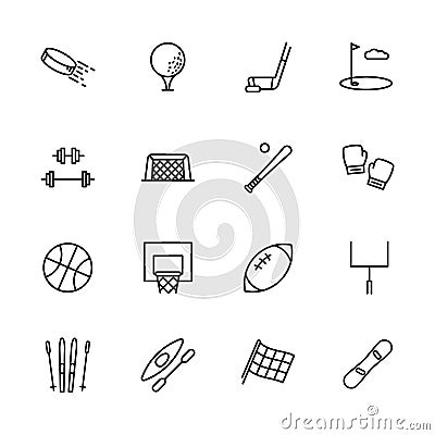 Simple set symbols sport and activity. Contains such icon hockey, golf, puck, stick, bodybuilding, barbell, baseball Vector Illustration