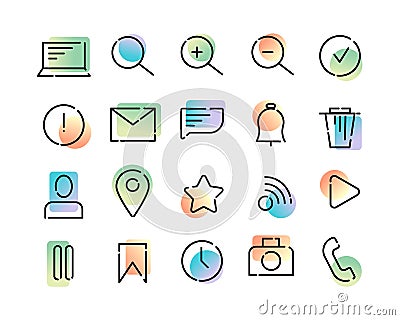 Simple set of vector icons on the theme of web and app. Black dotted lines and colorful modern gradient on a white background. Stock Photo