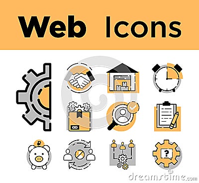 Web UI-UX vector icon set for business management, orange color Vector Illustration