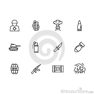 Simple set war, army, military and anti terrorism illustration line icon. Contains such icons military soldier, grenade Cartoon Illustration