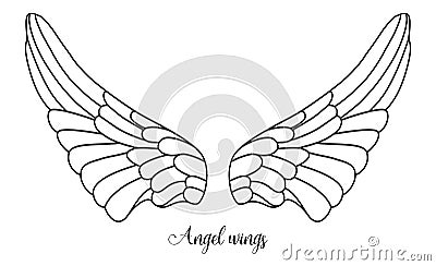 Simple shape of angel wings, black line on white Vector Illustration
