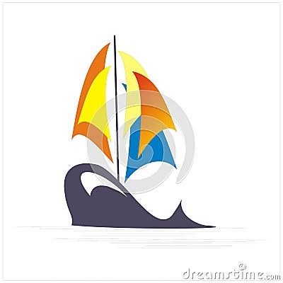 Simple ship yacht silhouette whale at sea with rainbow sailing ship Vector Illustration