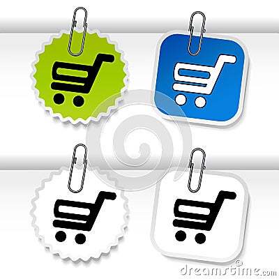 Simple shopping cart - trolley on green, blue and white stickers. Rounded and square labels. Item, buy button for web page. Vector Illustration