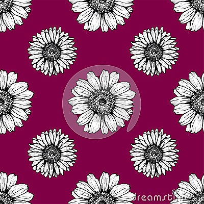 Simple silhouettes of daisies black and white on a dark background pattern Vector Illustration