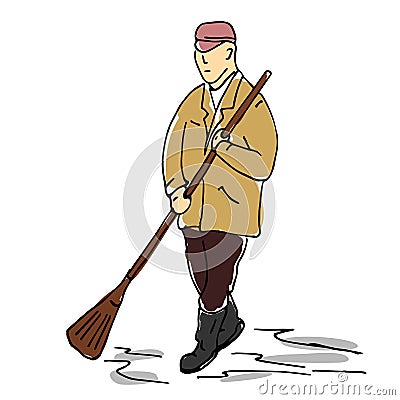 A simple sketch of a janitor of a street that hits the broom. Vector Illustration