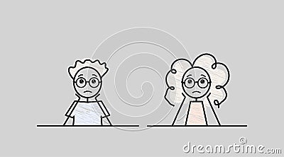 simple sketch scared couple sitting at the desk students doodle vector illustration pencil drawing with black outline Vector Illustration