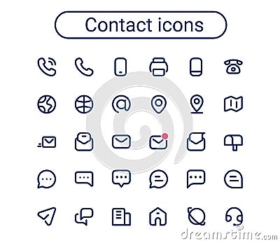 Simple small contact line icons set. Rounded mini communication vector icons. Pixel perfect. Vector Illustration