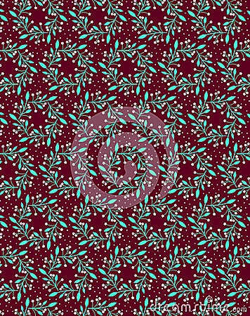 Simple small floral wreaths on a dark wine-red Spring modest botanical fabric and paper pattern Stock Photo