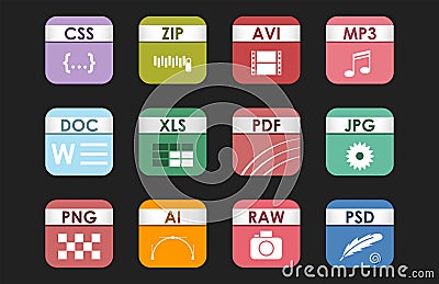 Simple square file types formats labels icon set presentation document symbol and audio extension graphic multimedia Vector Illustration