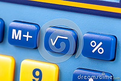 Simple square root symbol button on a colorful calculator keypad macro, closeup. Basic algebra symbols, easy math nomenclature Stock Photo