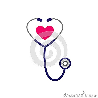 Simple stethoscope icon with heart shape. Health and medicine symbol. Isolated on white background. Vector illustration in flat Vector Illustration