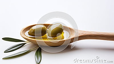 simple still life with spoon filled with olive oil and olives and leaves from olive tree as decortation Stock Photo