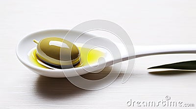 simple still life with spoon filled with olive oil and olives and leaves from olive tree as decortation Stock Photo