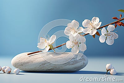 Simple stone and flowers scene on a light blue backdrop Stock Photo