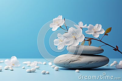 Simple stone and flowers scene on a light blue backdrop Stock Photo