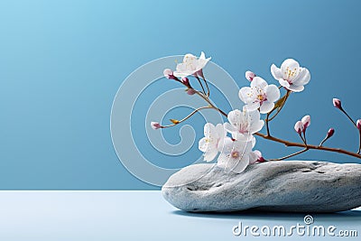 Simple stone and flowers scene on a light blue backdrop Stock Photo