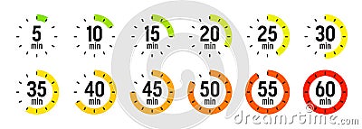 Simple stopwatch icons. Colorful chronometer, time counter with dial. Countdown timer showing hours and minutes Vector Illustration