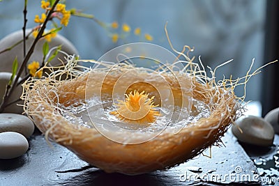 A simple and straightforward close-up photo displaying a bowl filled with water and rocks, A beautiful s Stock Photo