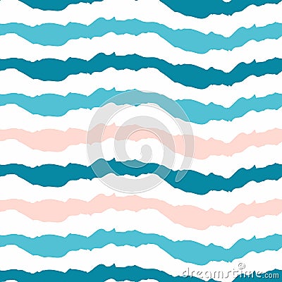 Simple striped pattern. Horizontal wavy lines on a white background. Summer sea print fabric. Blue, pink and turquoise colors. Vector Illustration