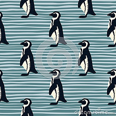 Simple style seamless arctic animal pattern with penguin ornament. Blue striped background. Zoo backrop Vector Illustration