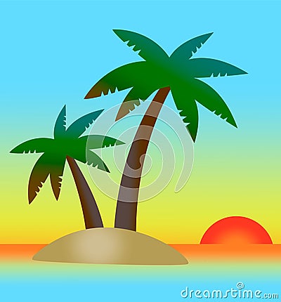 Simple stylised colorful sunset landscape with tropical island, palm trees, sea and sky using gradients. EPS 10 Vector Vector Illustration