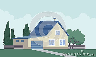 Simple suburban house, residential cottage, real estate countryside building exterior. Home facade with garden and green lawn Vector Illustration