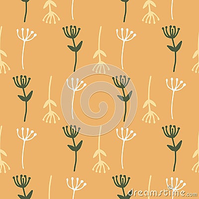 Simple summer abstract floral seamless pattern with dandelions. Orange background and green, white and yellow ornament. Stylized Cartoon Illustration